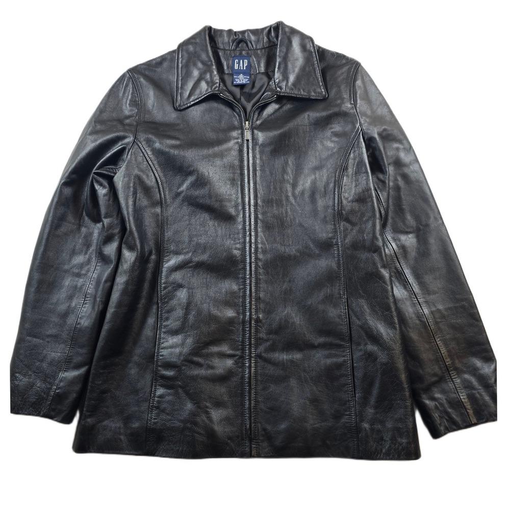 GAP Leather Jacket Womens Medium Black Genuine Leather Zip Up Coat Vintage